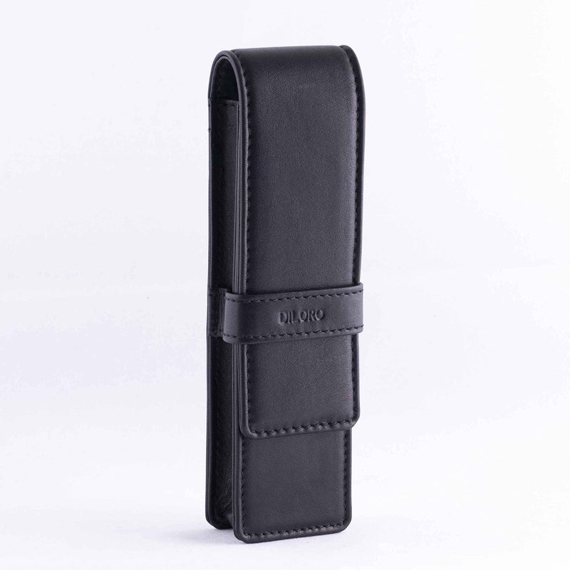 DiLoro Leather Double Pen Case Pencil Pouch Holder for Two Fountain Ballpoint Rollerball Pens and Pencils (Black) - Image 3